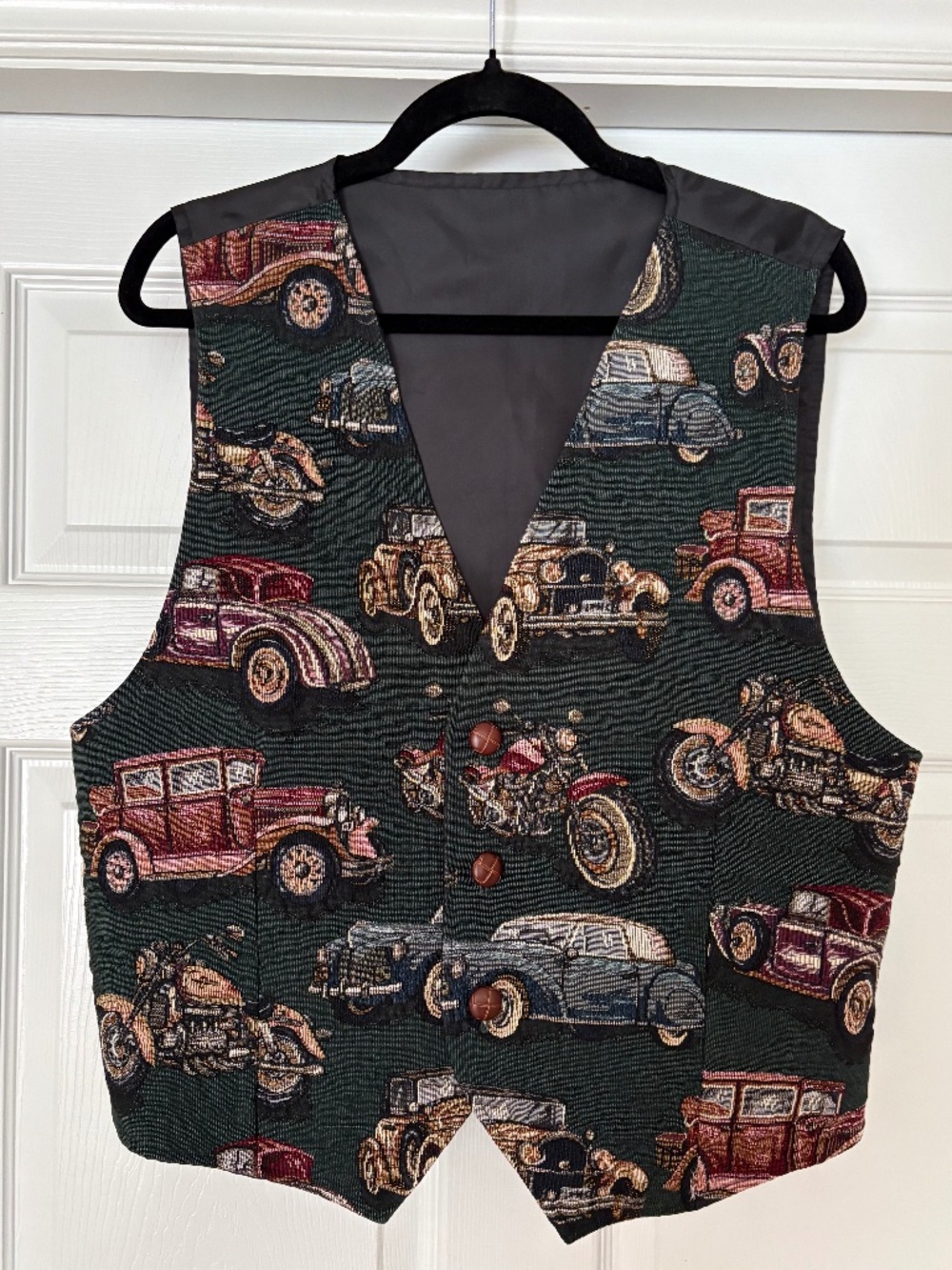 Vintage Tapestry Vest Classic Cars & Motorcycles Green Woven Waistcoat XL